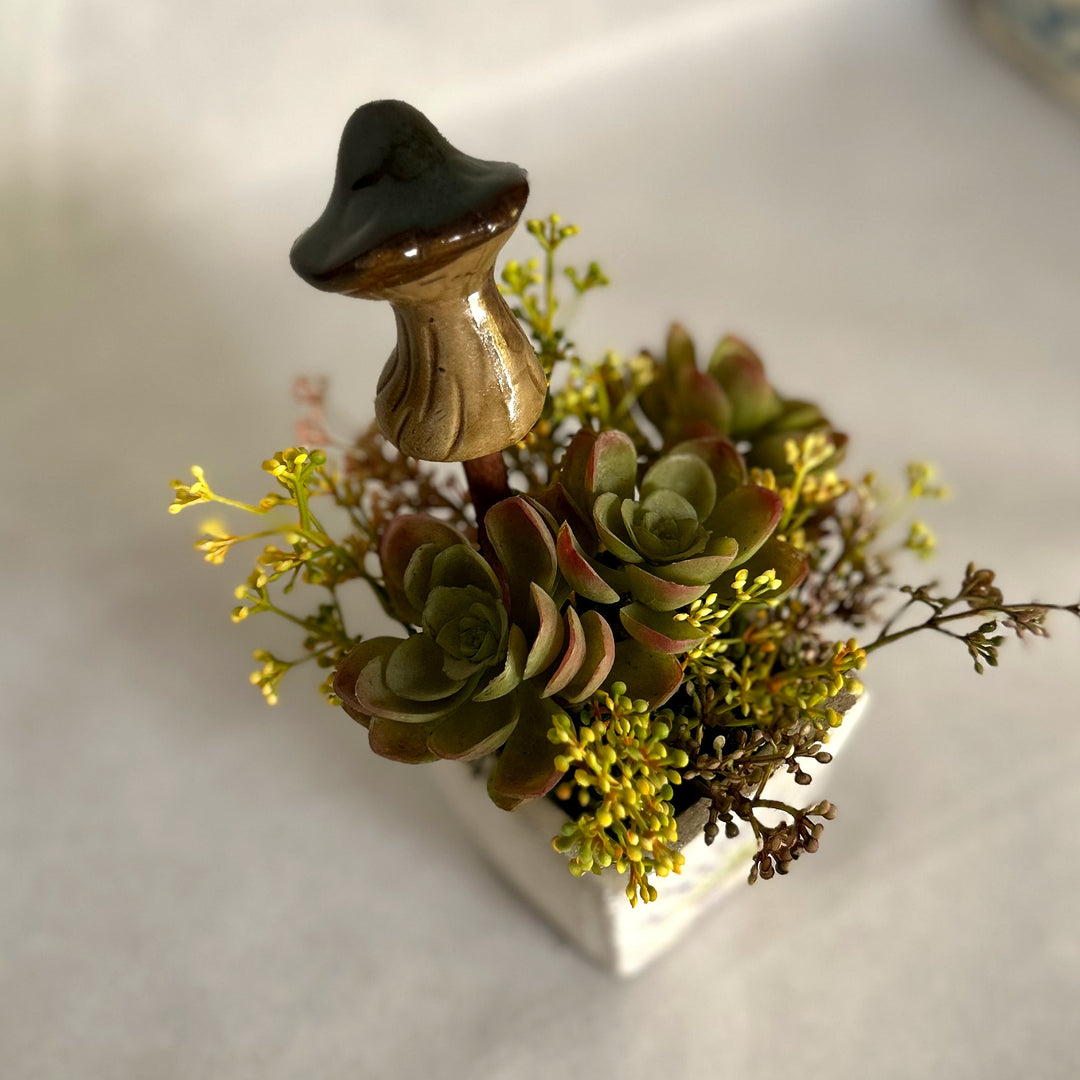 small planter with mushroom ceramic decor, bathroom decor