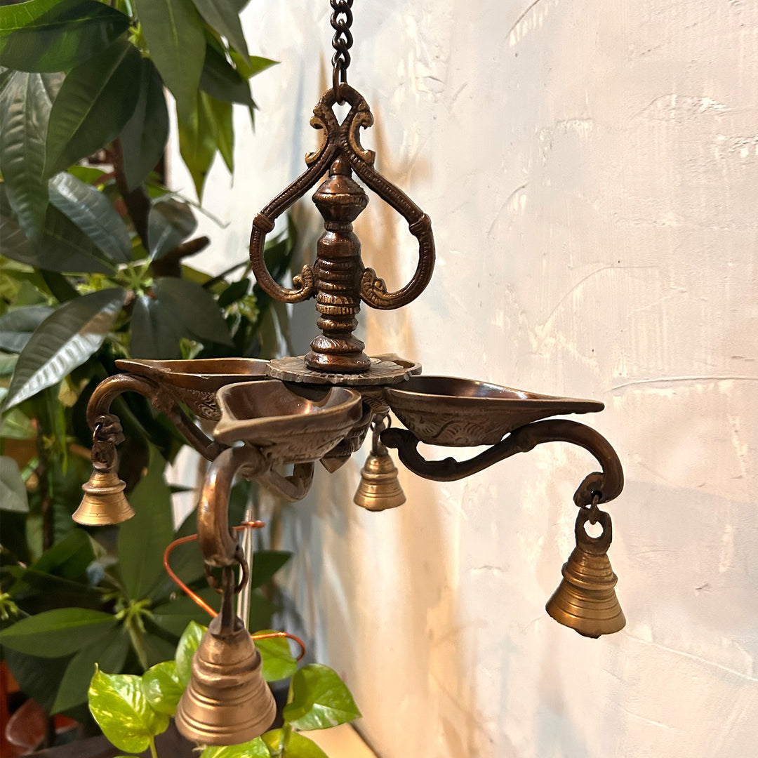 Brass heavy hanging diya with bell and chain