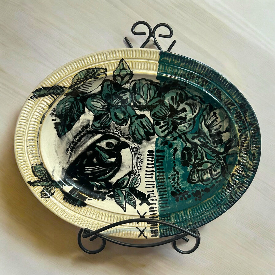 Rice plate, fired art, platter, wrought iron stand