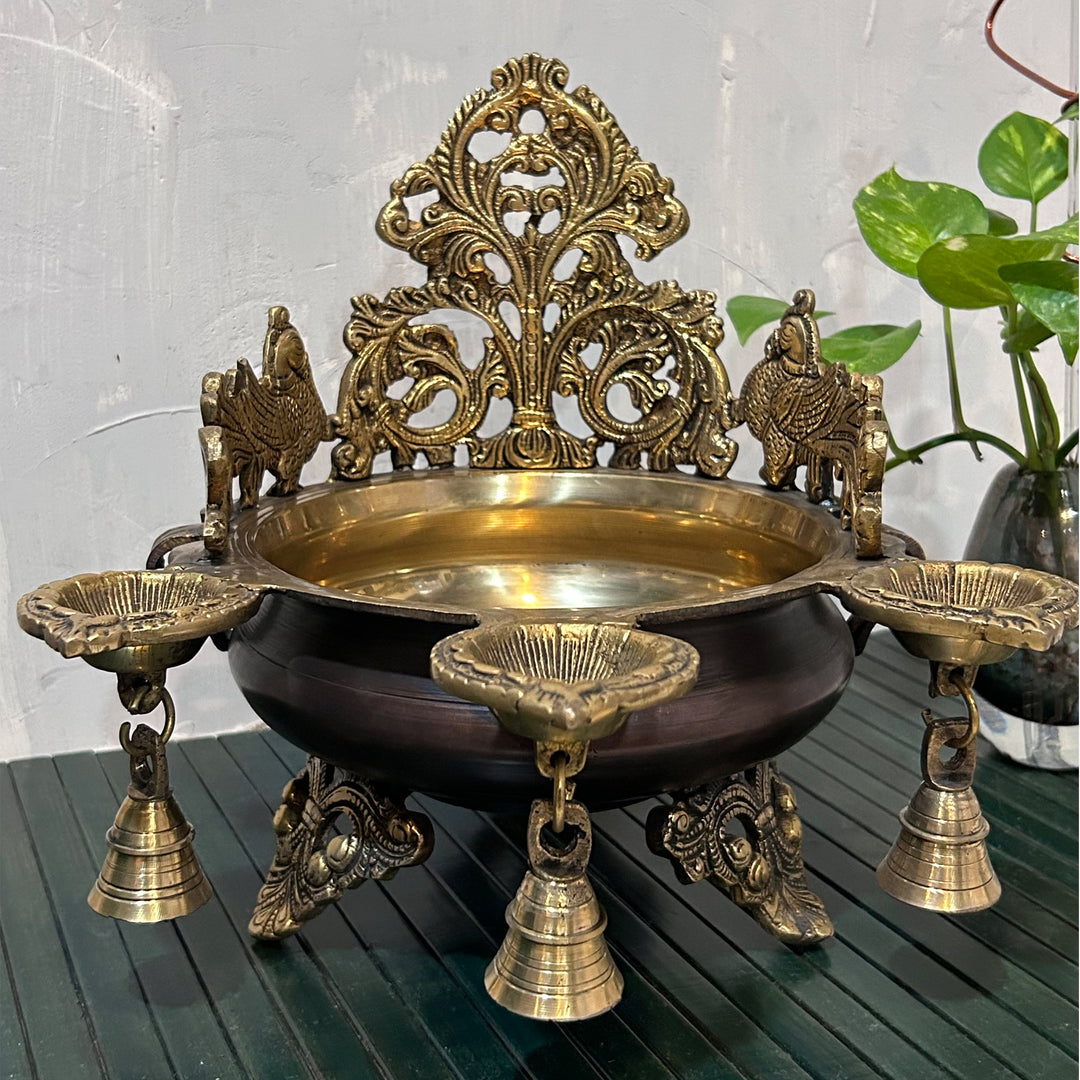 large heavy brass urli with diya and bells, 