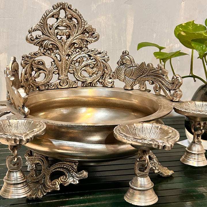 Silver Plated Brass Urli with Diya and Bell