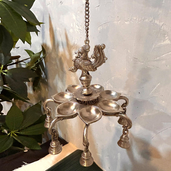 Silver plated brass diya, hanging diya for home and office. luxury gift.