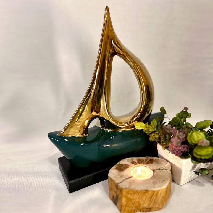 Green ceramic ship, luxury gold decor, luxury gift