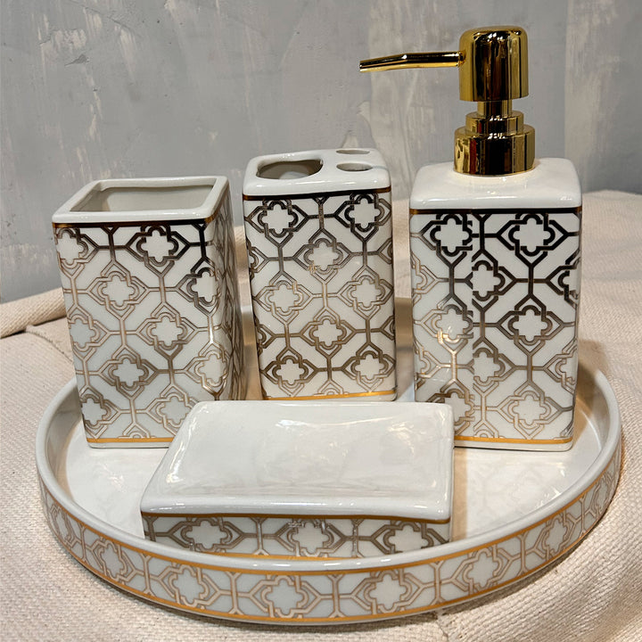 Gold and off white bathroom set, bathroom set with tray