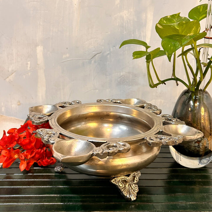 Silver Plated Brass Urli with Four Diya