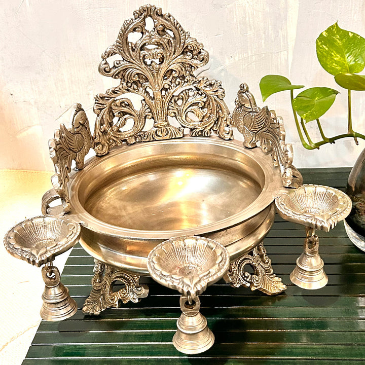 Silver Plated Brass Urli with Diya and Bell