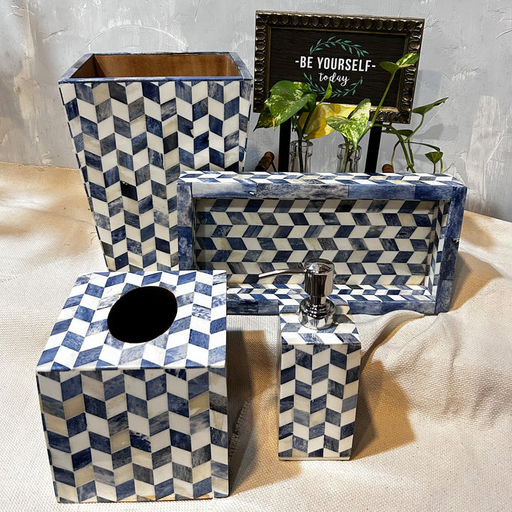 blue and off-white luxury bathroom set, bathroom set with dust bin