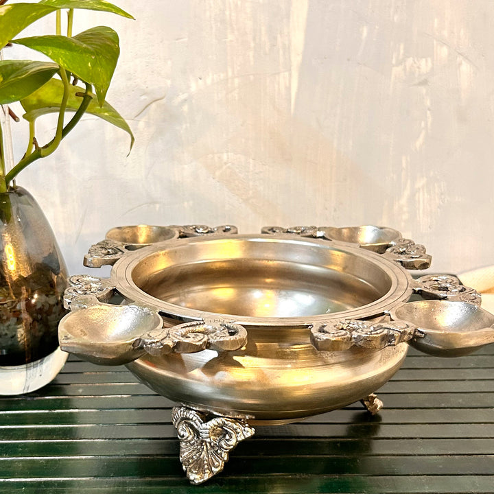 Silver Plated Brass Urli with Four Diya