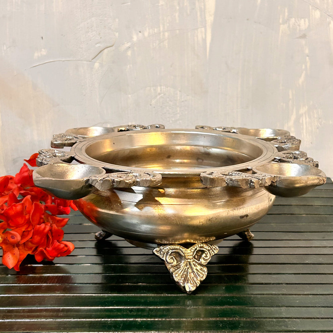 Silver Plated Brass Urli with Four Diya