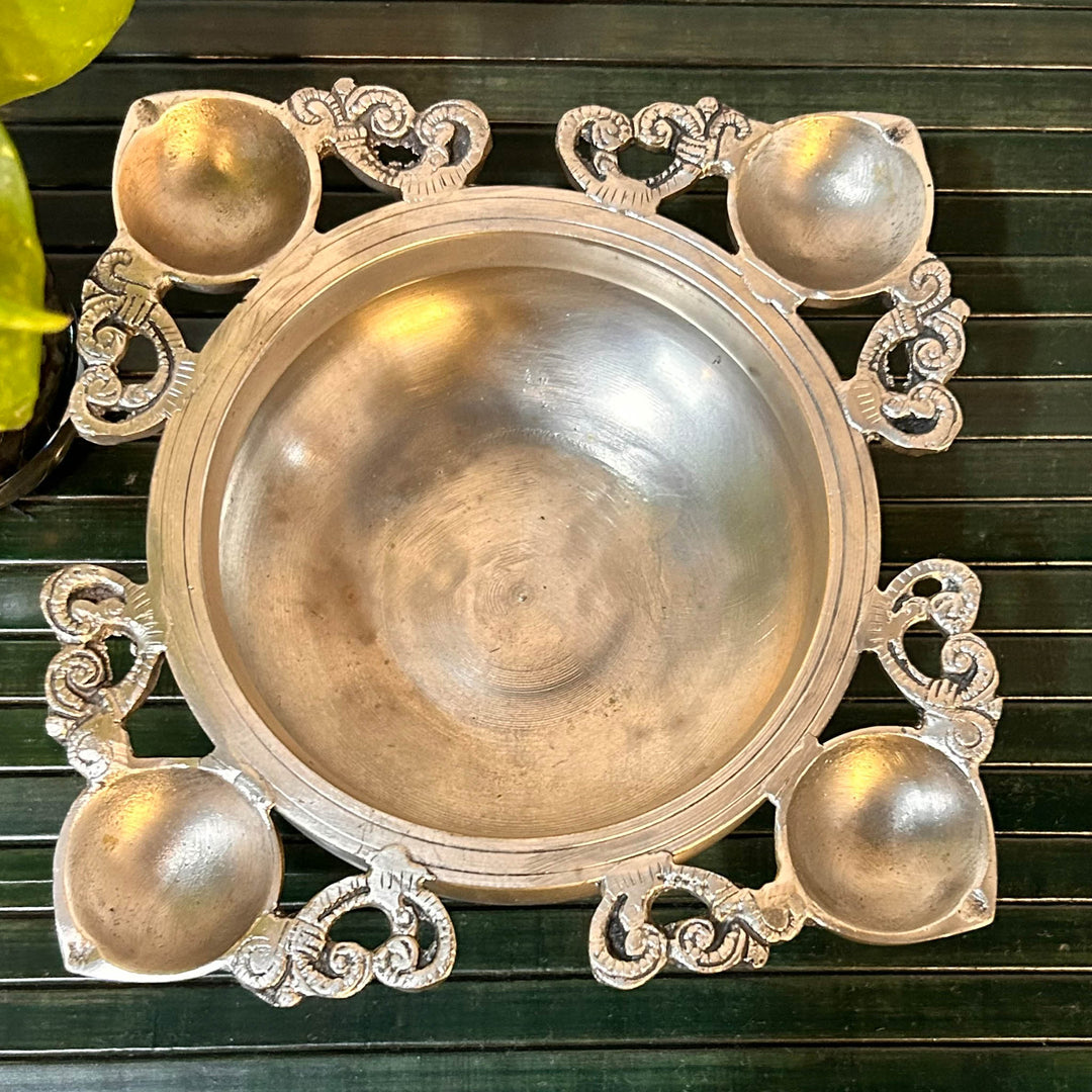 Silver Plated Brass Urli with Four Diya