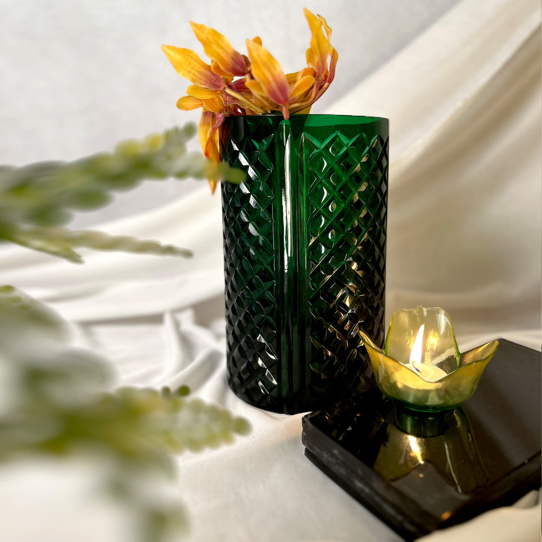 Green crystal cut glass vase. Luxury decor, Luxury gift