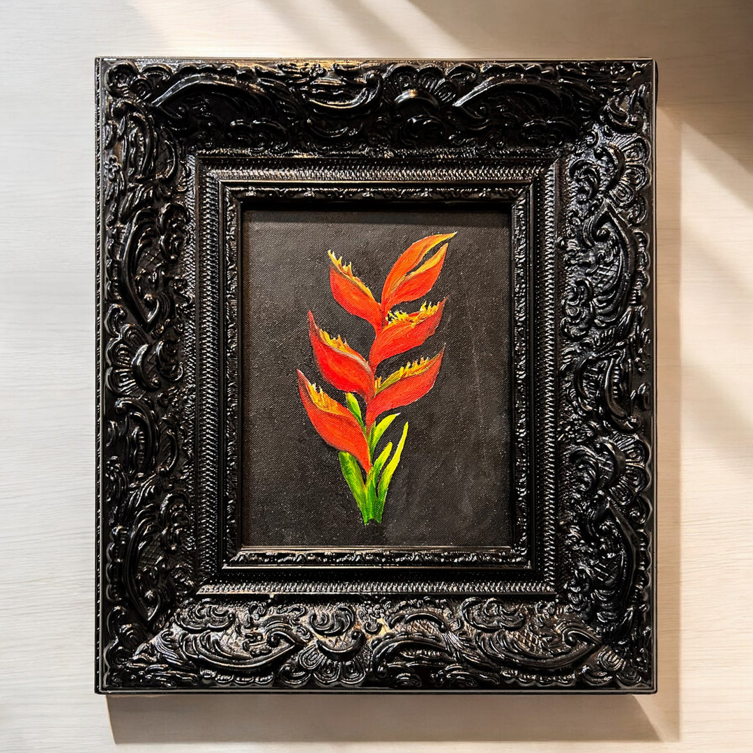 Baroque black frame with right red flower.