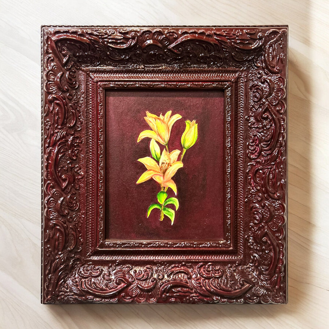 Baroque deep red with bright yellow flowers.